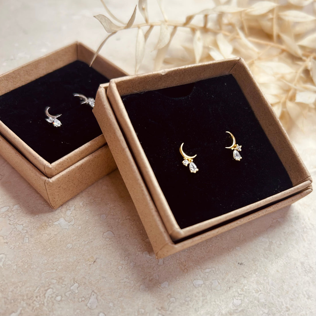Crescent Moon Droplet Studs – Stud Earrings – Little Nell Jewellery