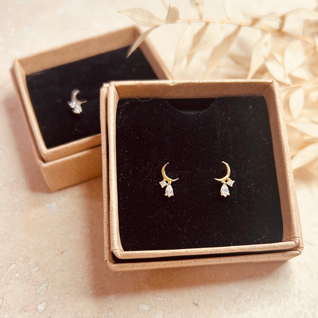Crescent Moon Droplet Studs – Stud Earrings – Little Nell Jewellery
