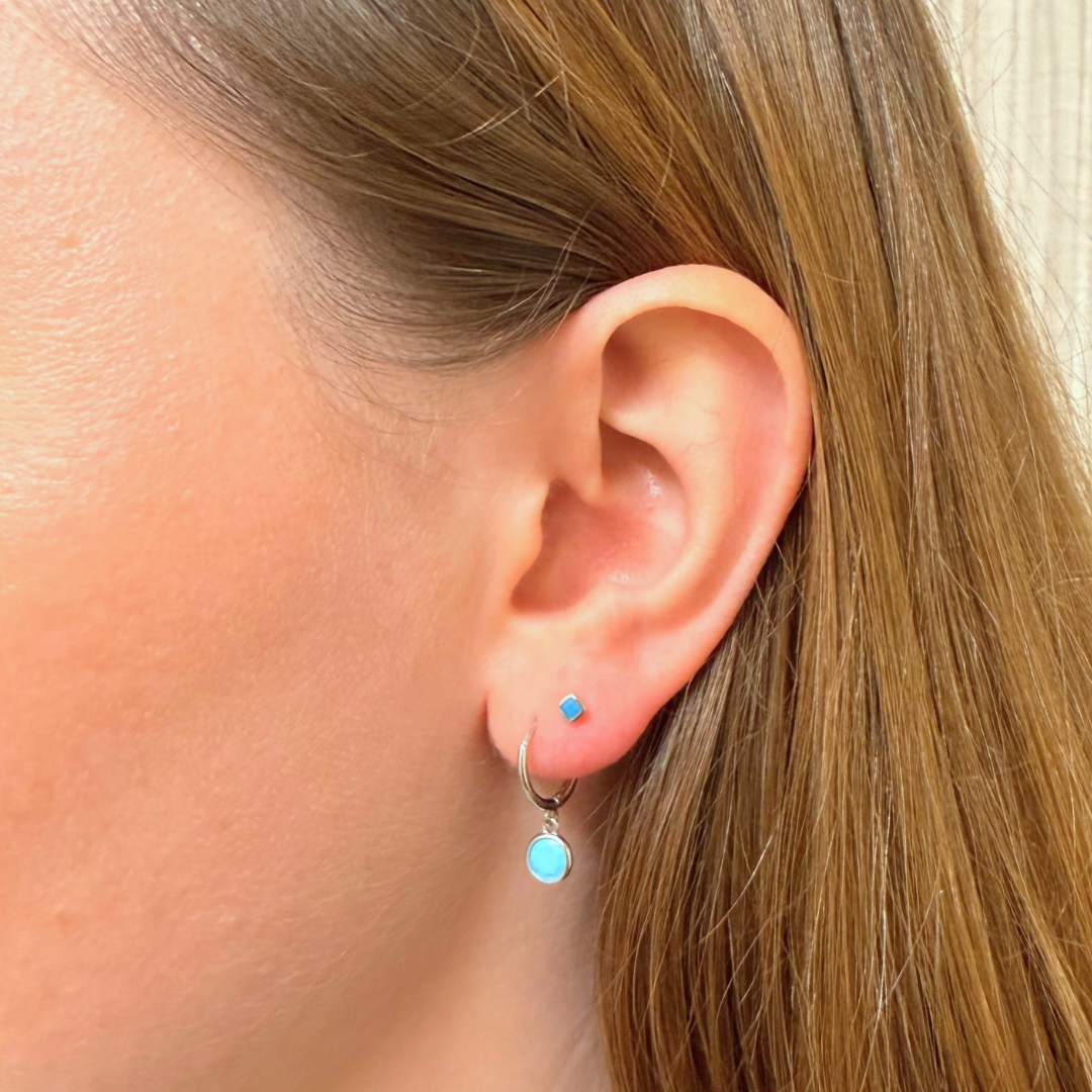 Silver Turquoise Charm Huggies – Demi Fine Hoop Earrings – Little Nell Jewellery