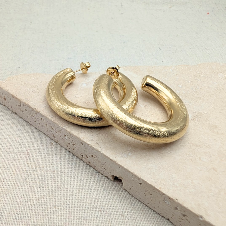 Everyday Large Gold Brushed Hoops – Statement Earrings – Little Nell Jewellery