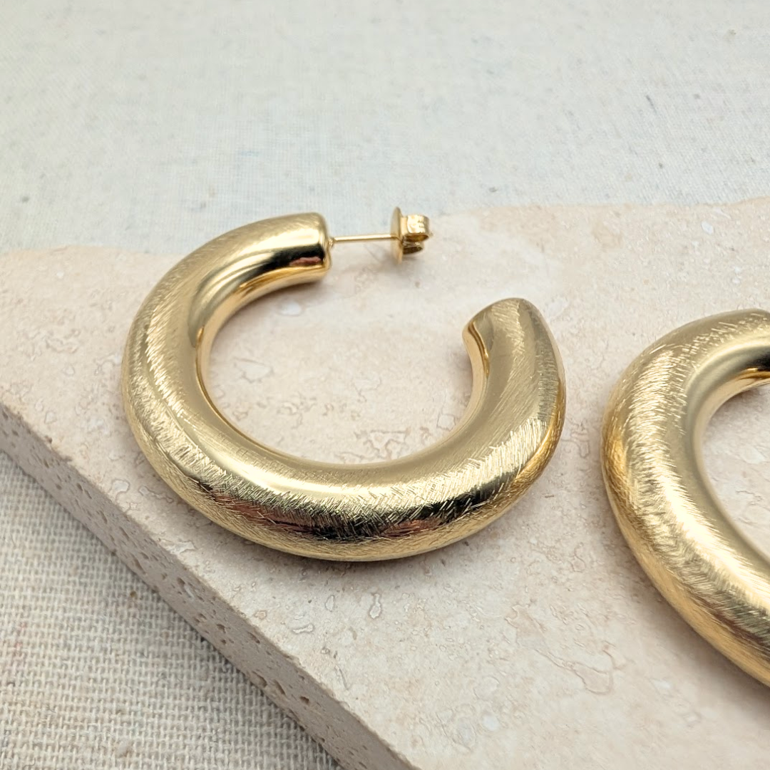 Everyday Large Gold Brushed Hoops – Statement Earrings – Little Nell Jewellery