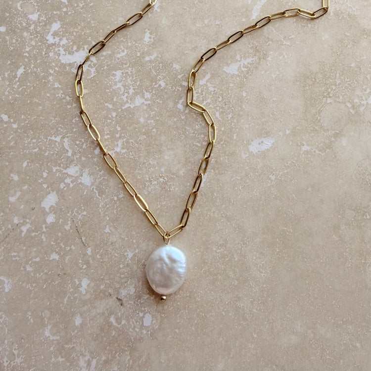 Natural baroque pearl necklace in polished tarnish-free gold — everyday pearl jewellery by Little Nell