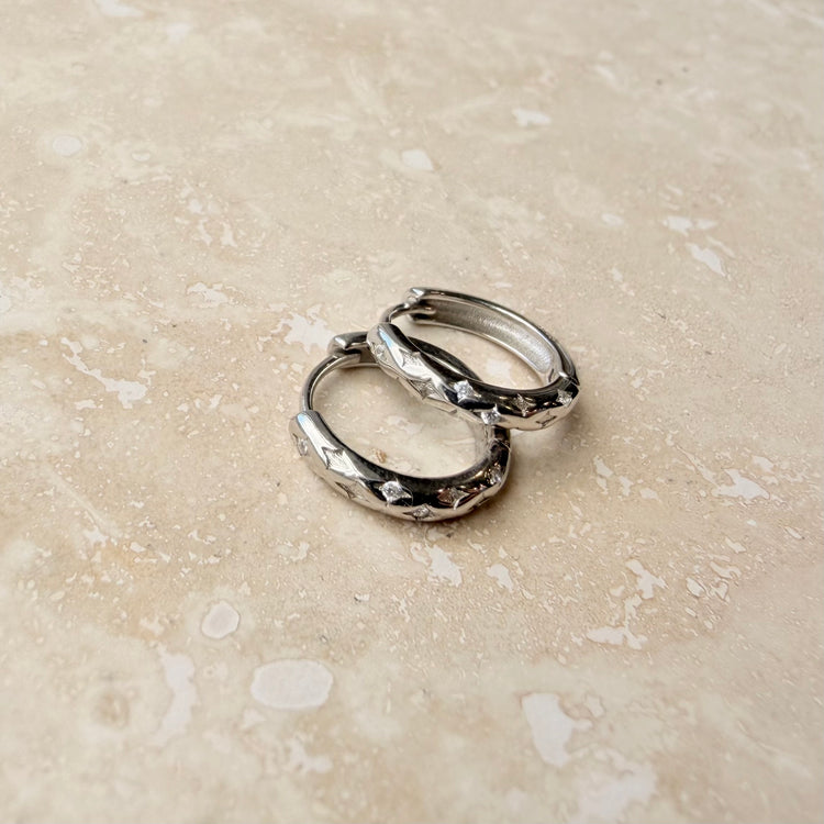 Silver Celestial Huggie Hoops – Demi Fine Hoop Earrings – Little Nell Jewellery