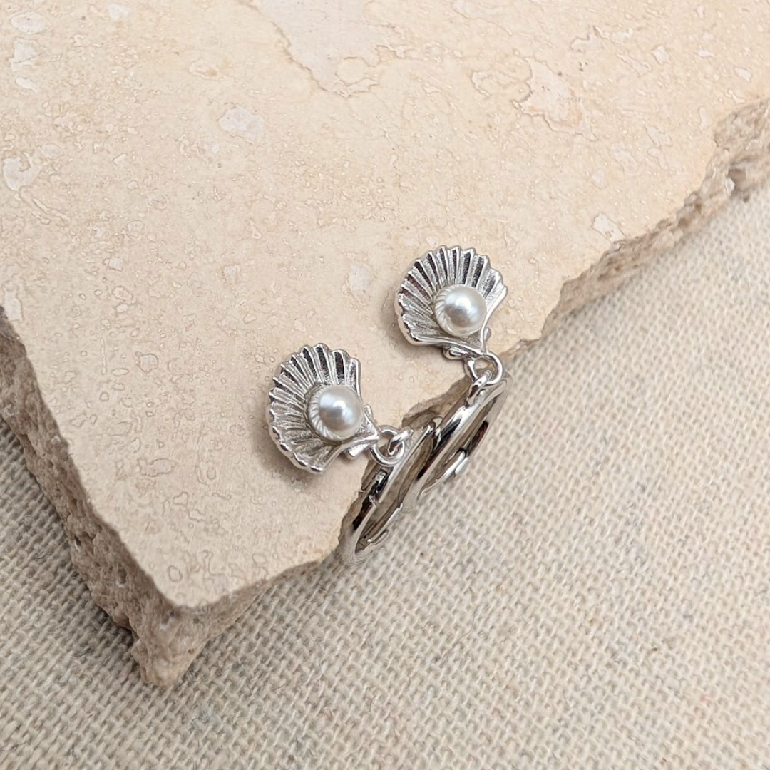 Silver Shell and Pearl Charm Huggies – Demi Fine Hoop Earrings – Little Nell Jewellery