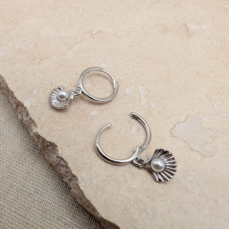 Silver Shell and Pearl Charm Huggies – Demi Fine Hoop Earrings – Little Nell Jewellery
