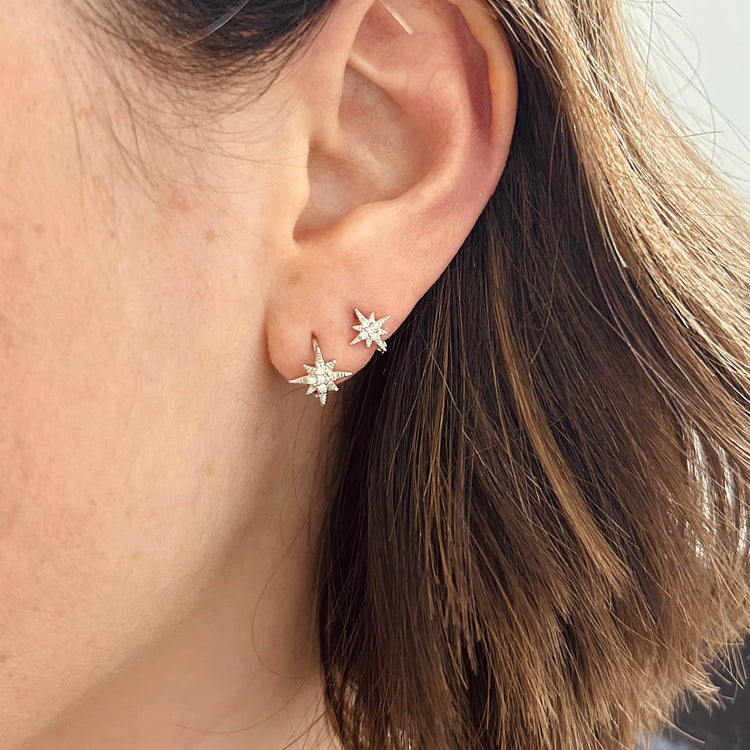 Silver Diamanté Star Huggie Hoops – Demi Fine Hoop Earrings – Little Nell Jewellery