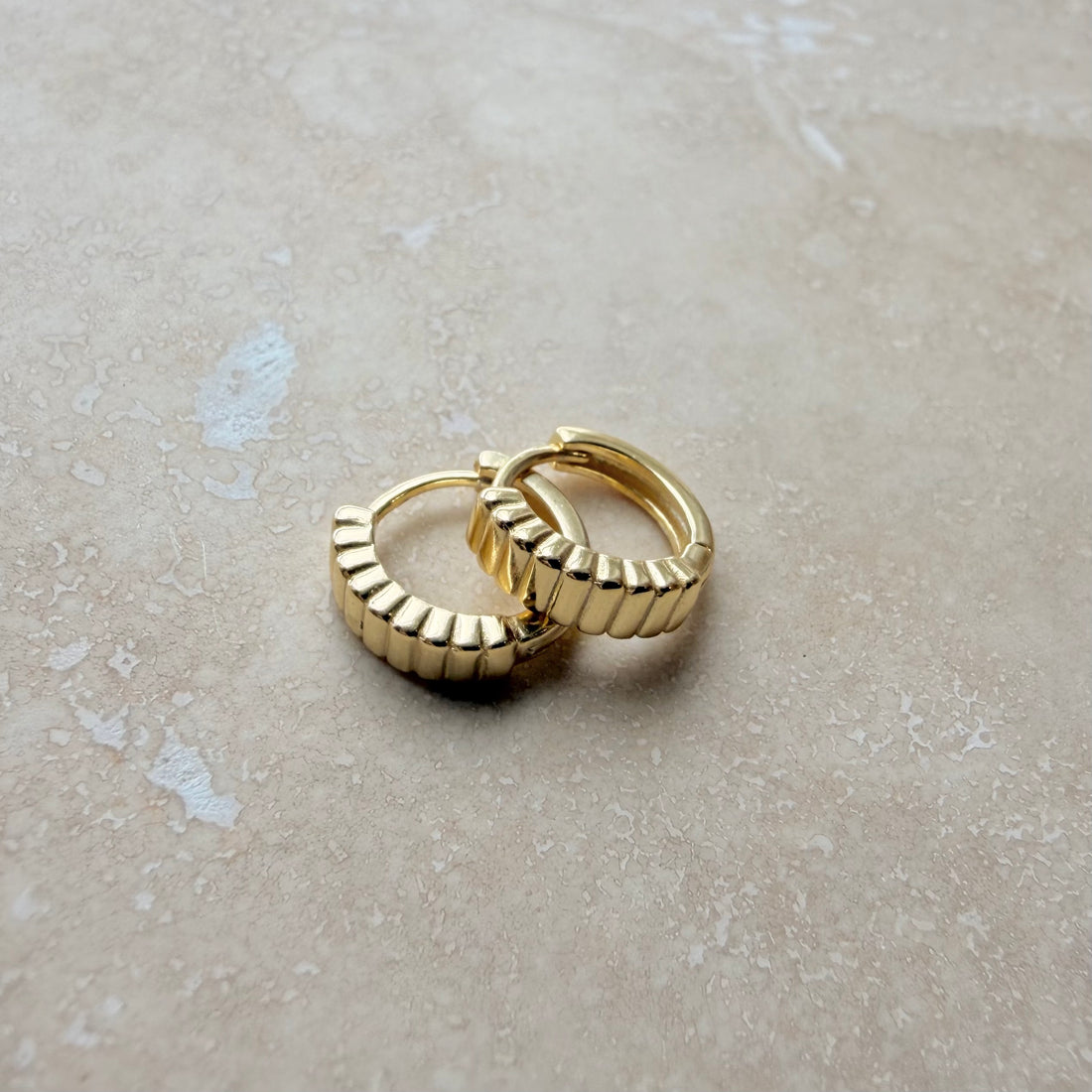 Gold Ribbed Huggies – Demi Fine Hoop Earrings – Little Nell Jewellery