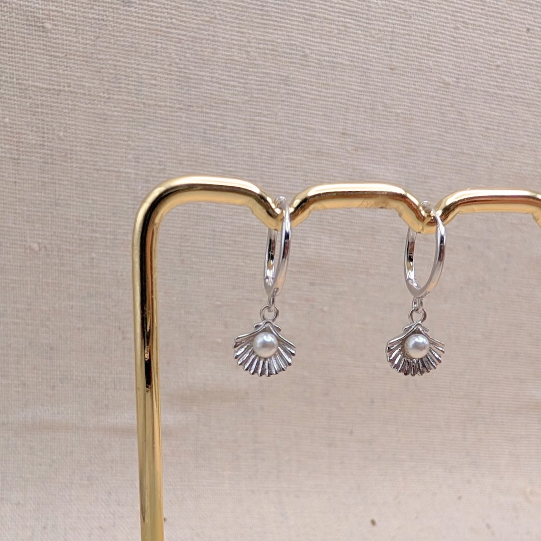 Silver Shell and Pearl Charm Huggies – Demi Fine Hoop Earrings – Little Nell Jewellery