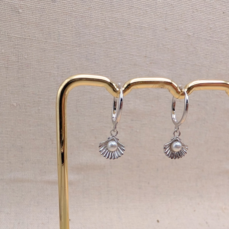 Silver Shell and Pearl Charm Huggies – Demi Fine Hoop Earrings – Little Nell Jewellery