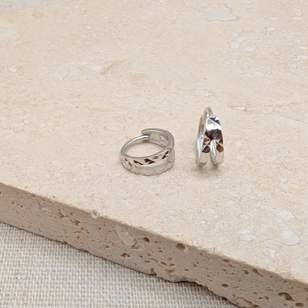 Silver Duo Faceted Huggies – Demi Fine Hoop Earrings – Little Nell Jewellery
