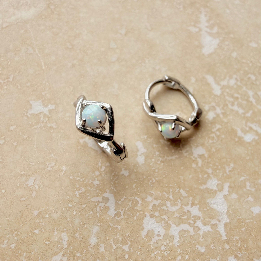 Silver Twisted Opal Huggies – Demi Fine Hoop Earrings – Little Nell Jewellery