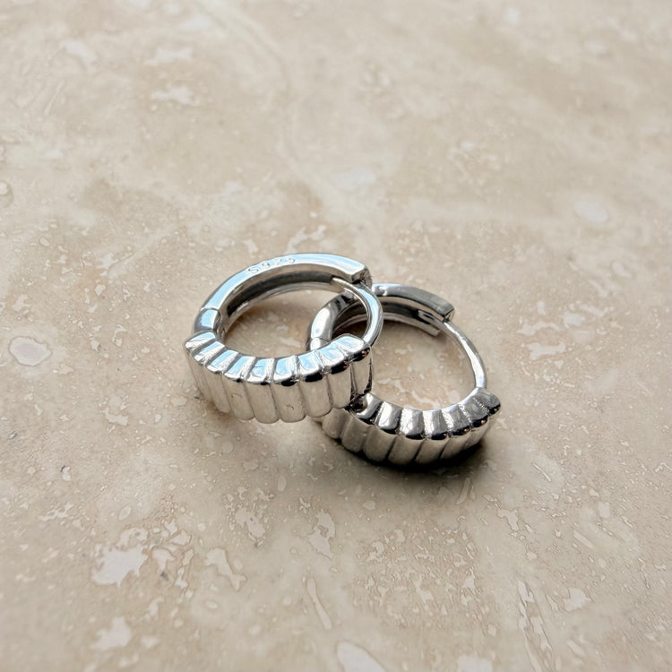 Silver Ribbed Huggies – Demi Fine Hoop Earrings – Little Nell Jewellery