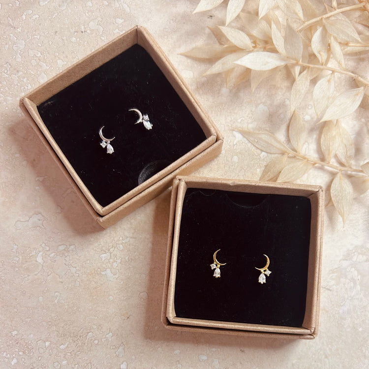 Crescent Moon Droplet Studs – Stud Earrings – Little Nell Jewellery