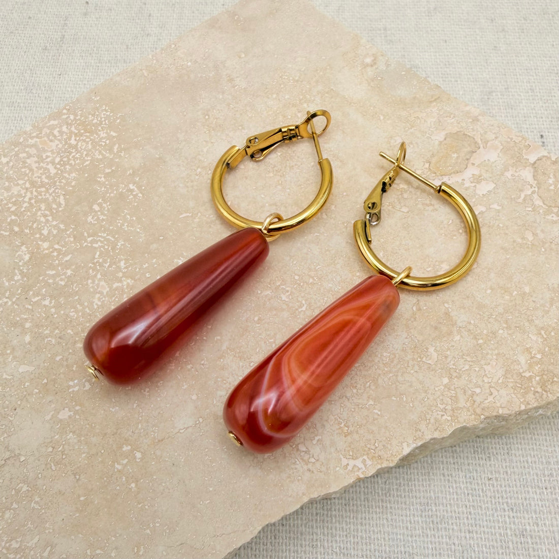 Everyday Red Agate Drop Hoops – Hoop Earrings – Little Nell Jewellery