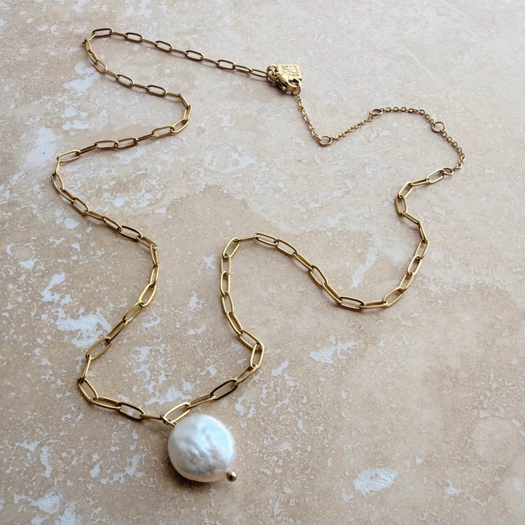 Baroque freshwater pearl pendant on a gold-plated chain, from the Little Nell Jewellery Everyday range