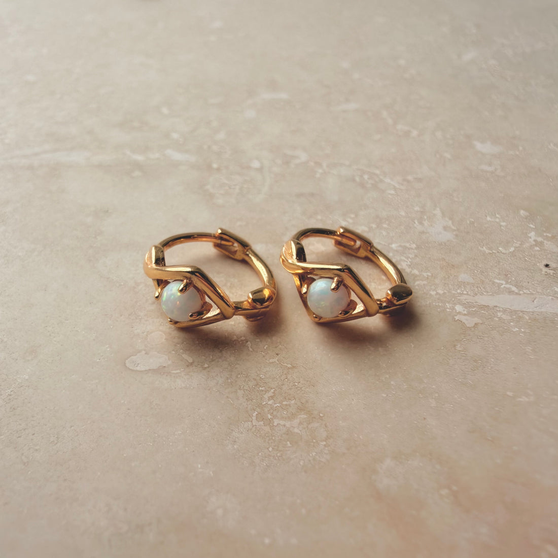 Gold Twisted Opal Huggies – Demi Fine Hoop Earrings – Little Nell Jewellery