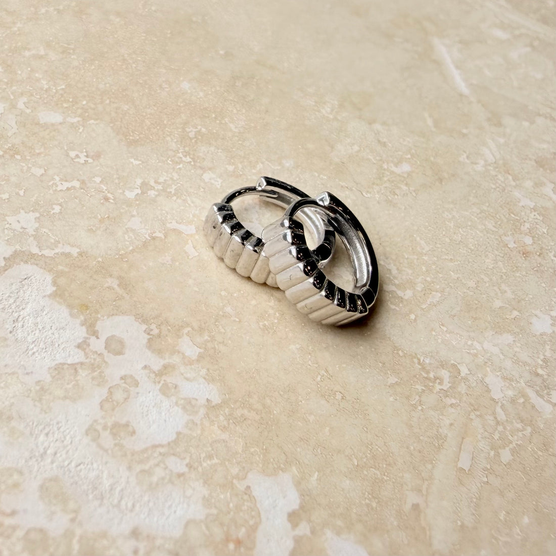 Silver Ribbed Huggies – Demi Fine Hoop Earrings – Little Nell Jewellery