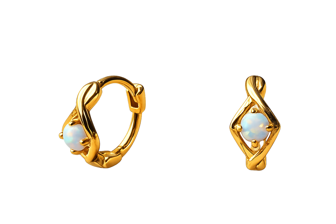 Gold Twisted Opal Huggies – Demi Fine Hoop Earrings – Little Nell Jewellery