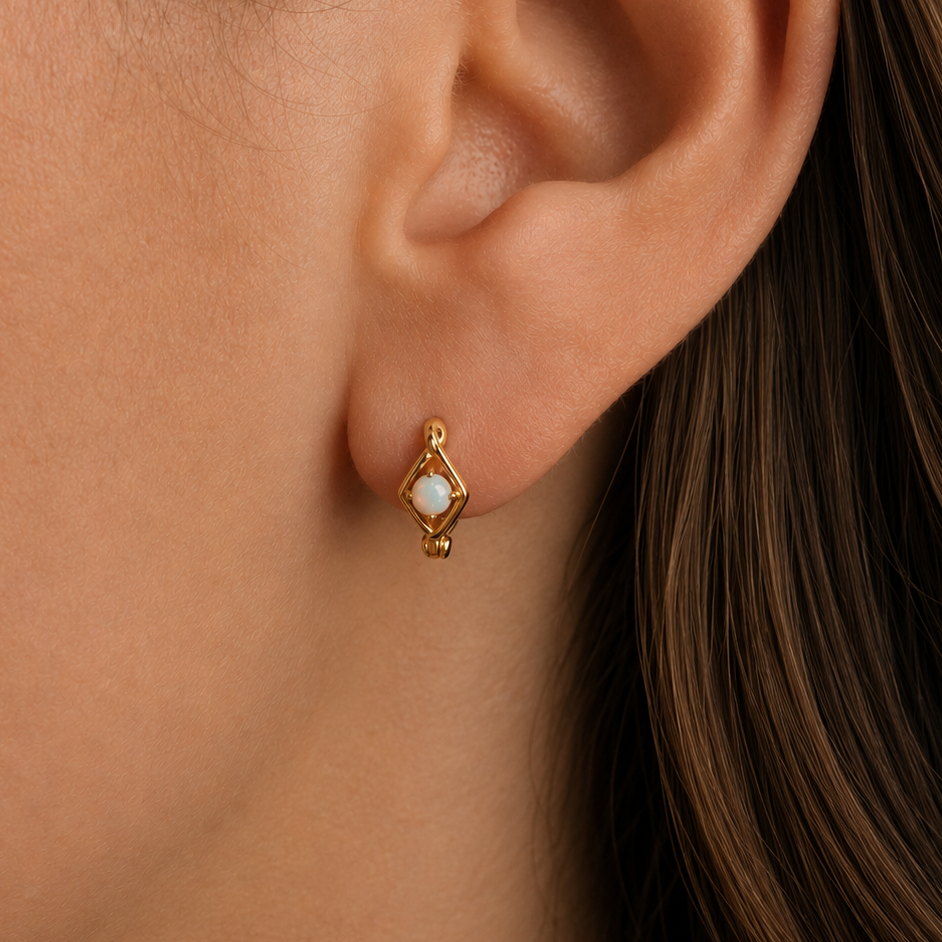 Gold Twisted Opal Huggies – Demi Fine Hoop Earrings – Little Nell Jewellery