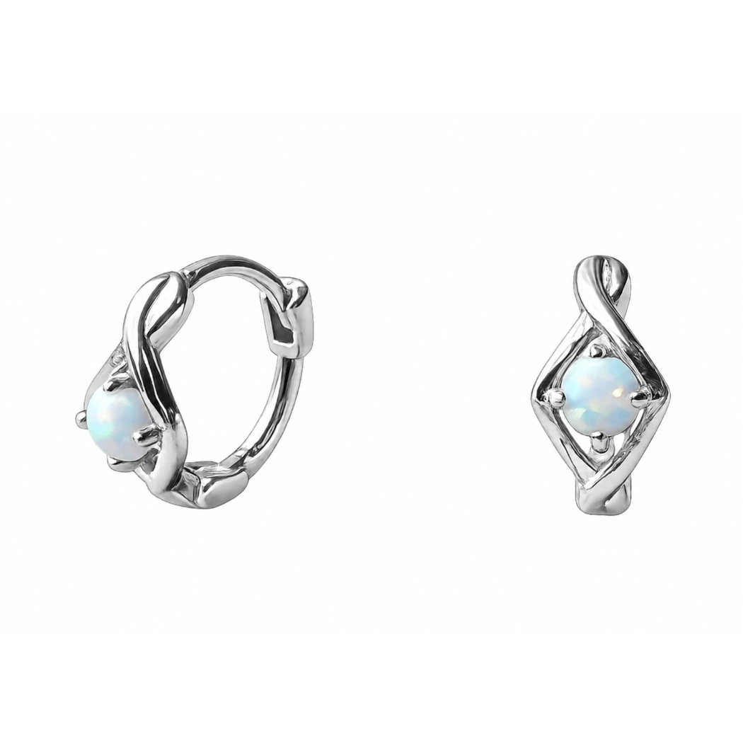 Silver Twisted Opal Huggies – Demi Fine Hoop Earrings – Little Nell Jewellery
