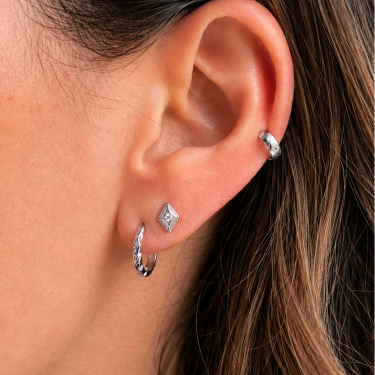 Silver Celestial Huggie Hoops – Demi Fine Hoop Earrings – Little Nell Jewellery