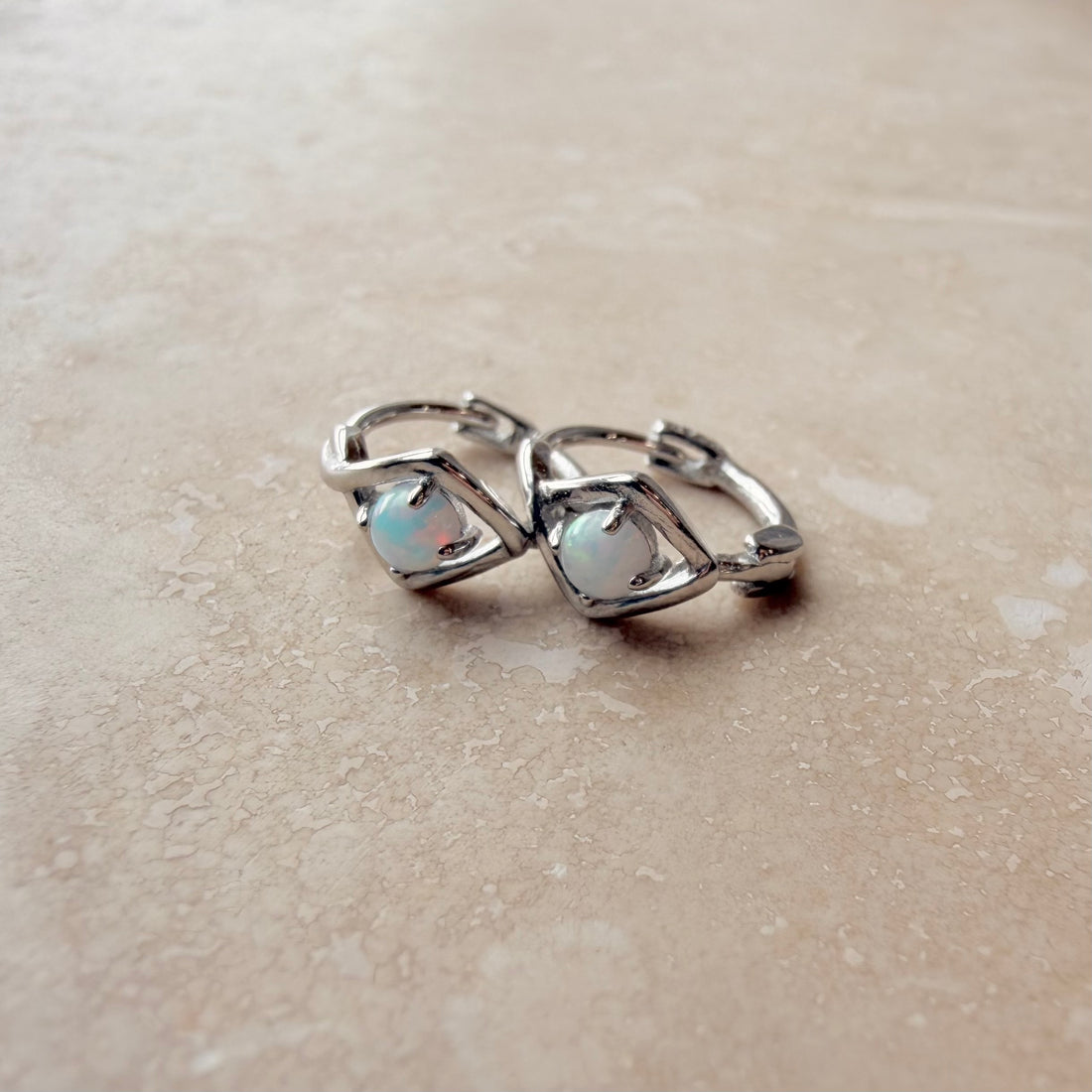 Silver Twisted Opal Huggies – Demi Fine Hoop Earrings – Little Nell Jewellery