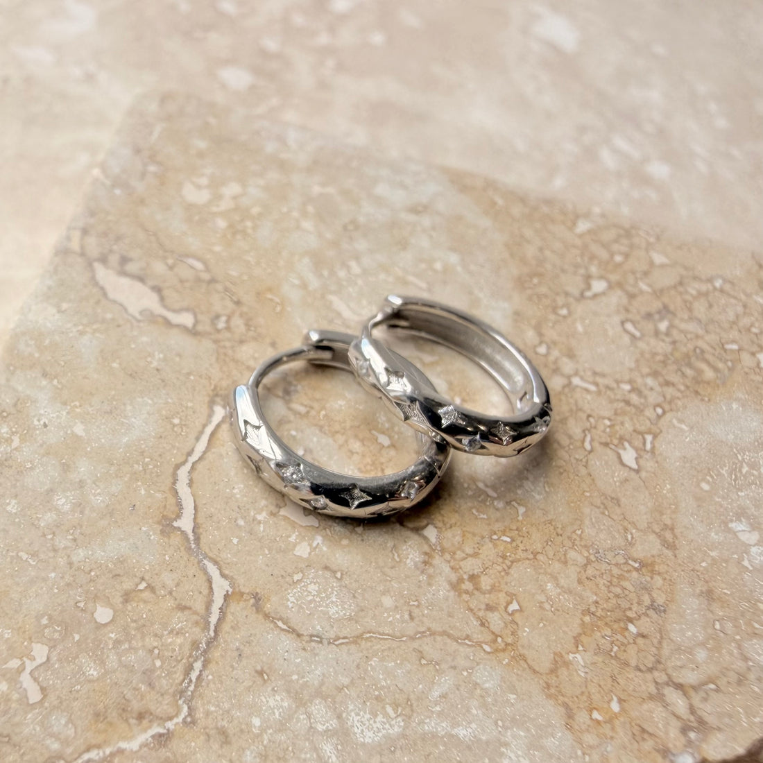 Silver Celestial Huggie Hoops – Demi Fine Hoop Earrings – Little Nell Jewellery