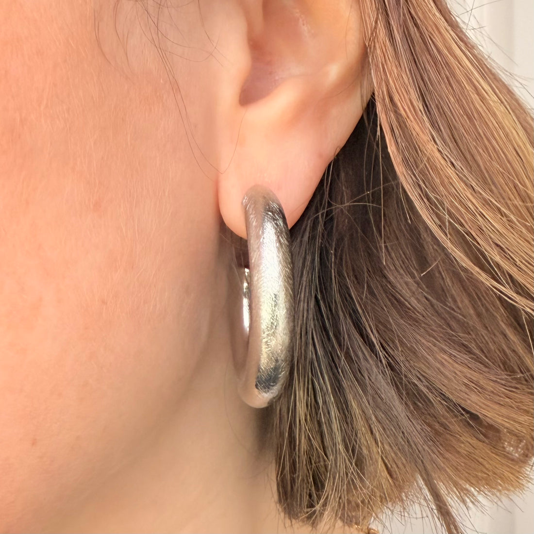 Everyday Large Silver Brushed Hoops – Statement Earrings – Little Nell Jewellery