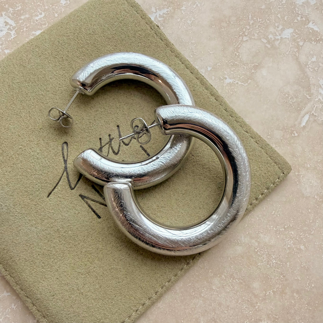 Everyday Large Silver Brushed Hoops – Statement Earrings – Little Nell Jewellery