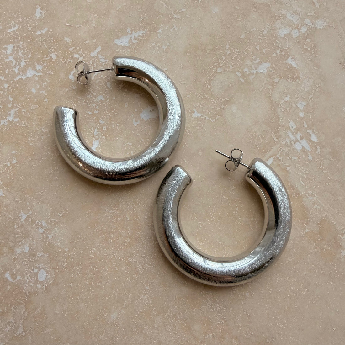 Everyday Large Silver Brushed Hoops – Statement Earrings – Little Nell Jewellery