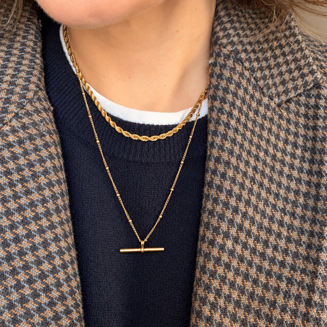 Everyday Rope and Bar Necklace Gift Set: gold rope choker layered with a bar necklace on ball chain