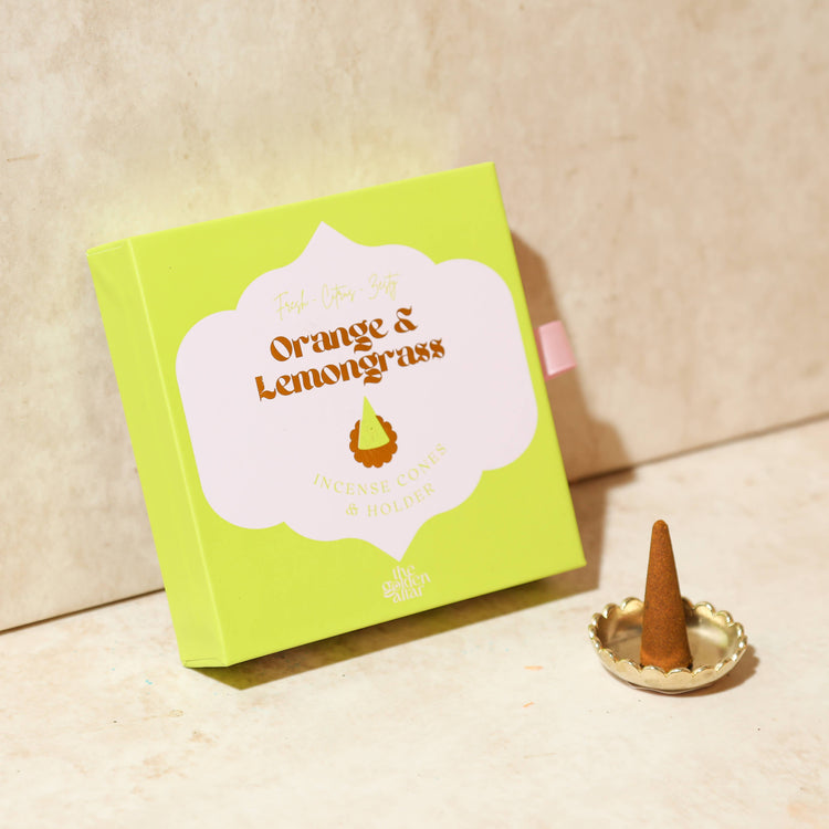 Orange & Lemongrass incense cones gift set with brass dish