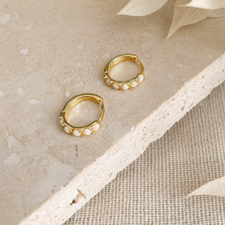 Gold Opal Huggie Hoops – Demi Fine Hoop Earrings – Little Nell Jewellery
