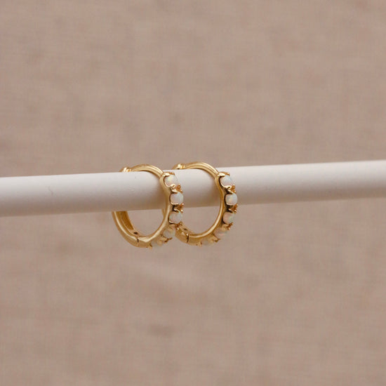Load image into Gallery viewer, Gold Opal Huggie Hoops
