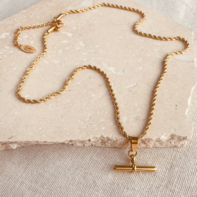 Everyday Rope Necklace with Bar Pendant layered with other gold necklaces – Little Nell Jewellery