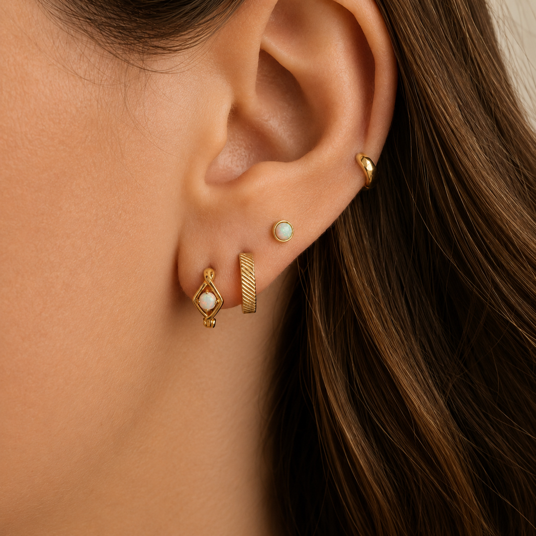 Gold Twisted Opal Huggies – Demi Fine Hoop Earrings – Little Nell Jewellery